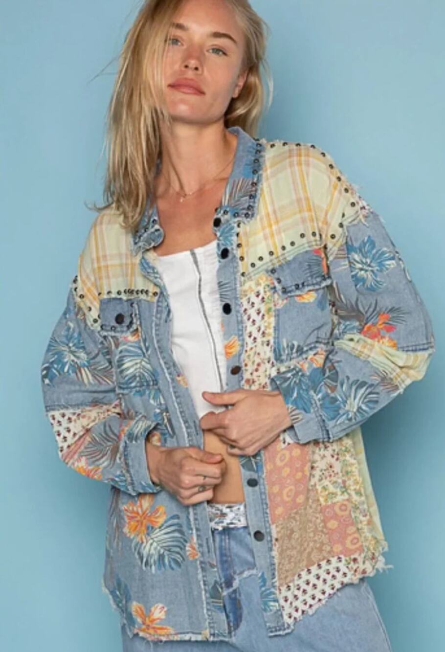 POL Patchwork Denim Shacket Floral Plaid Studded Raw Hem Size L Eclectic Western